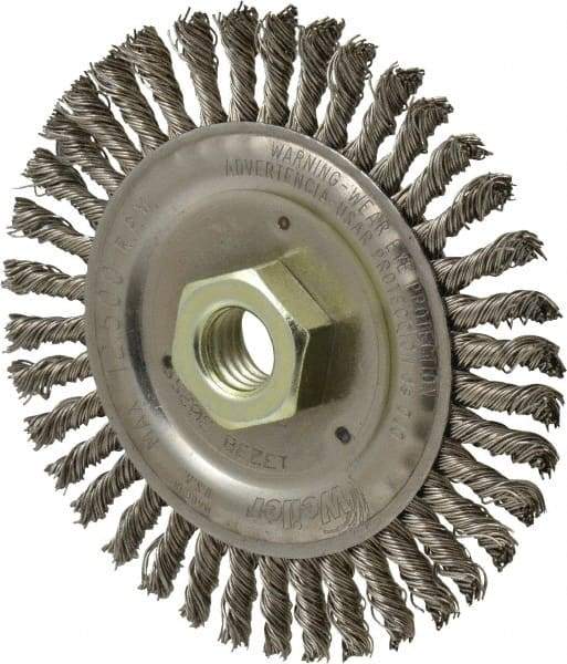 Weiler - 4-1/2" OD, 5/8" Arbor Hole, Knotted Stainless Steel Wheel Brush - 3/16" Face Width, 7/8" Trim Length, 0.02" Filament Diam, 12,500 RPM - Caliber Tooling