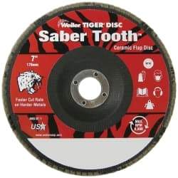 Weiler - 40 Grit, 7" Disc Diam, 7/8" Center Hole, Type 29 Ceramic Flap Disc - 8,600 Max RPM, Phenolic Backing, Arbor Attaching System, Coated - Caliber Tooling