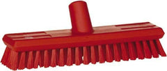 Vikan - 1.3" Bristle Length, Polyester Scrub Brush - 10-3/4" Long x 2-1/2" Wide Head, 11" OAL, European Threaded Handle, Red, Polypropylene Block - Caliber Tooling