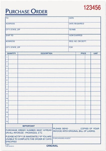 TOPS - 50 Sheet, 5-9/16 x 7-15/16", Purchase Order Book - White - Caliber Tooling