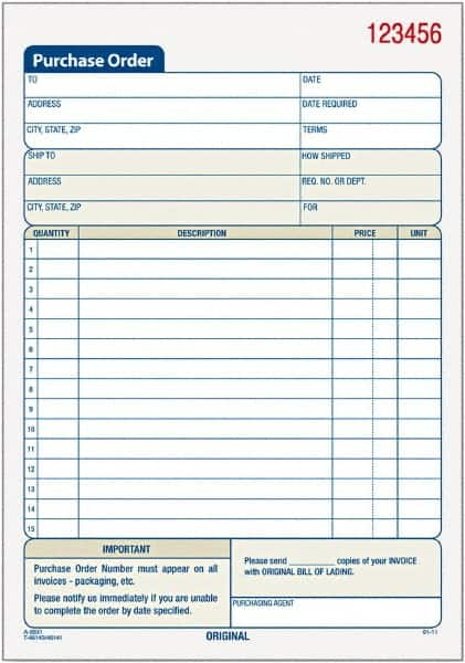 TOPS - 50 Sheet, 5-9/16 x 7-15/16", Purchase Order Book - White - Caliber Tooling