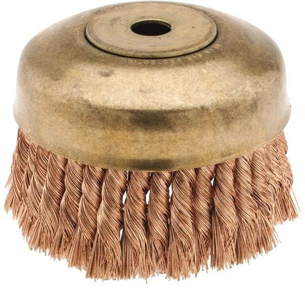 Ampco - 6" Diam, 5/8-11 Threaded Arbor, Bronze Phosphorus Fill Cup Brush - 0.02 Wire Diam, 1-3/4" Trim Length, 6,000 Max RPM - Caliber Tooling