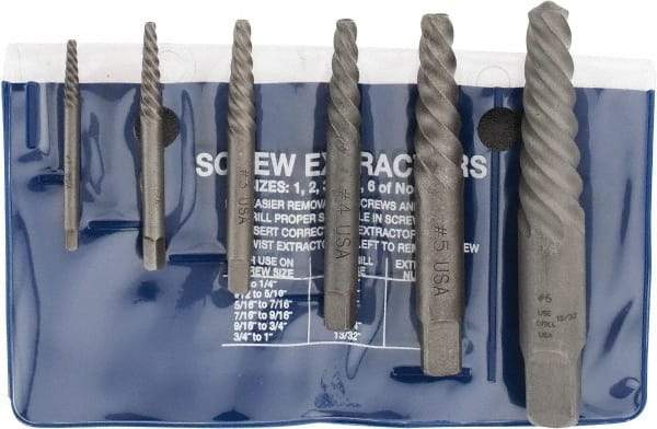 Cleveland - 6 Piece Spiral Flute Screw Extractor Set - Screw Range 3/16 to 1" - Caliber Tooling