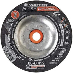 WALTER Surface Technologies - 30 Grit, 4-1/2" Wheel Diam, 1/8" Wheel Thickness, Type 27 Depressed Center Wheel - Aluminum Oxide, 13,300 Max RPM - Caliber Tooling