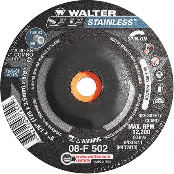 WALTER Surface Technologies - 30 Grit, 5" Wheel Diam, 1/8" Wheel Thickness, Type 27 Depressed Center Wheel - Aluminum Oxide, Resinoid Bond, 12,200 Max RPM - Caliber Tooling