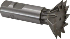 Made in USA - 2-1/4" Diam x 11/16" Width of Cut, 45° Included Angle, Cobalt Dovetail Cutter - 1" Shank Diam, 3-1/16" Shank Length, 3-3/4" Overall Length, Weldon Flat, Uncoated - Caliber Tooling