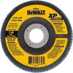 DeWALT - 40 Grit, 4-1/2" Disc Diam, 7/8" Center Hole, Type 27 Zirconia Alumina Flap Disc - 13,300 Max RPM, Cloth Backing, Arbor Attaching System, Coated - Caliber Tooling