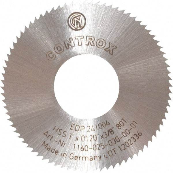 Controx - 1" Diam x 0.012" Blade Thickness x 3/8" Arbor Hole Diam, 80 Tooth Slitting and Slotting Saw - Arbor Connection, Right Hand, Uncoated, High Speed Steel, Concave Ground - Caliber Tooling