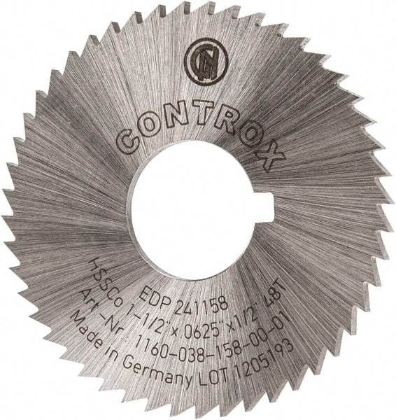 Controx - 1-1/2" Diam x 1/16" Blade Thickness x 1/2" Arbor Hole Diam, 48 Tooth Slitting and Slotting Saw - Arbor Connection, Right Hand, Uncoated, Cobalt, Concave Ground, Contains Keyway - Caliber Tooling