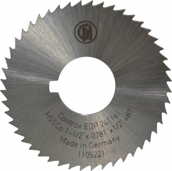 Controx - 1-1/2" Diam x 0.0781" Blade Thickness x 1/2" Arbor Hole Diam, 48 Tooth Slitting and Slotting Saw - Arbor Connection, Right Hand, Uncoated, Cobalt, Concave Ground, Contains Keyway - Caliber Tooling