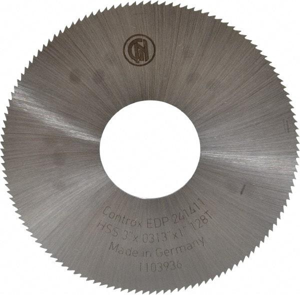 Controx - 3" Diam x 0.0313" Blade Thickness x 1" Arbor Hole Diam, 128 Tooth Slitting & Slotting Saw - Arbor Connection, Right Hand, Uncoated, M2 High Speed Steel, Concave Ground - Caliber Tooling