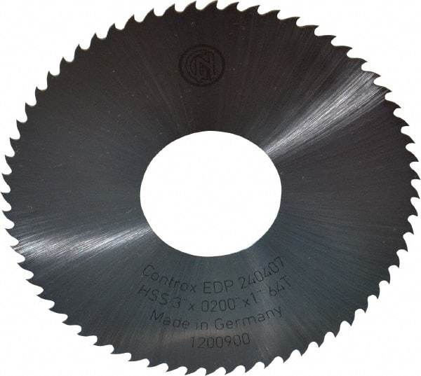 Controx - 3" Diam x 0.02" Blade Thickness x 1" Arbor Hole Diam, 64 Tooth Slitting and Slotting Saw - Arbor Connection, Right Hand, Uncoated, High Speed Steel, 15° Rake, Concave Ground - Caliber Tooling