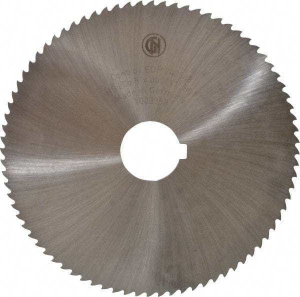 Controx - 5" Diam x 0.04" Blade Thickness x 1" Arbor Hole Diam, 80 Tooth Slitting and Slotting Saw - Arbor Connection, Right Hand, Uncoated, Cobalt, 15° Rake, Concave Ground, Contains Keyway - Caliber Tooling