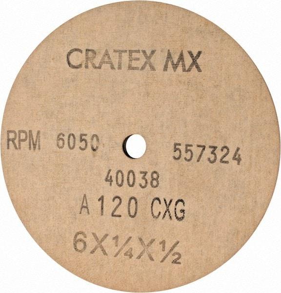 Cratex - 6" Diam x 1/2" Hole x 1/4" Thick, 120 Grit Surface Grinding Wheel - Aluminum Oxide, Type 1, Fine Grade, 6,050 Max RPM, No Recess - Caliber Tooling