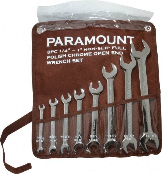 Paramount - 8 Piece, 1/4" to 1", Open End Wrench Set - Inch Measurement Standard, Full Polish Finish, Comes in Canvas Pouch - Caliber Tooling