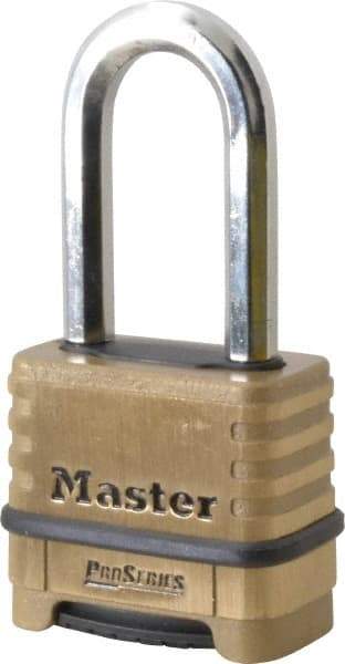 Master Lock - 2-1/4" Body Width x 2" Body Height, 2.063" Shackle Clearance, Brass Body & Boron Carbide Combination Lock - 3/8" Shackle Diam - Caliber Tooling