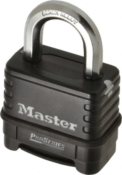 Master Lock - 2-1/4" Body Width x 2" Body Height, 1.063" Shackle Clearance, Die Cast Body & Boron Carbide Combination Lock - 3/8" Shackle Diam - Caliber Tooling