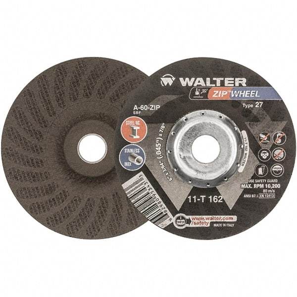 WALTER Surface Technologies - 60 Grit, 6" Wheel Diam, 3/64" Wheel Thickness, 7/8" Arbor Hole, Type 27 Depressed Center Wheel - Aluminum Oxide, Resinoid Bond, 10,200 Max RPM - Caliber Tooling