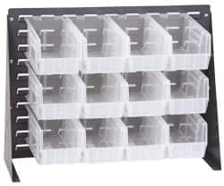 Quantum Storage - 12 Bin Bench Rack with Ultra Bins - 27 Inch Overall Width x 11 Inch Overall Depth x 21 Inch Overall Height, Clear Tri-Clear Polypropylene Bins - Caliber Tooling