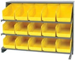 Quantum Storage - 15 Bin Store-More Sloped Shelving System - 36 Inch Overall Width x 12 Inch Overall Depth x 26-1/2 Inch Overall Height, Yellow Polypropylene Bins - Caliber Tooling