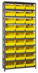 Quantum Storage - 27 Bin Store-More Shelf Bin System - 36 Inch Overall Width x 12 Inch Overall Depth x 75 Inch Overall Height, Yellow Polypropylene Bins - Caliber Tooling