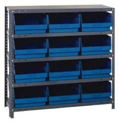 Quantum Storage - 12 Bin Store-More Shelf Bin System - 36 Inch Overall Width x 18 Inch Overall Depth x 39 Inch Overall Height, Blue Polypropylene Bins - Caliber Tooling