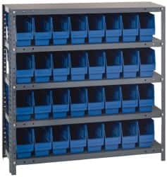 Quantum Storage - 32 Bin Store-More Shelf Bin System - 36 Inch Overall Width x 12 Inch Overall Depth x 39 Inch Overall Height, Blue Polypropylene Bins - Caliber Tooling