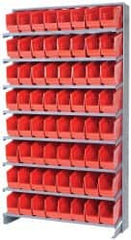 Quantum Storage - 64 Bin Store-More Sloped Shelving System - 36 Inch Overall Width x 12 Inch Overall Depth x 63-1/2 Inch Overall Height, Red Polypropylene Bins - Caliber Tooling