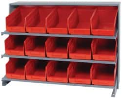 Quantum Storage - 15 Bin Store-More Sloped Shelving System - 36 Inch Overall Width x 12 Inch Overall Depth x 26-1/2 Inch Overall Height, Red Polypropylene Bins - Caliber Tooling