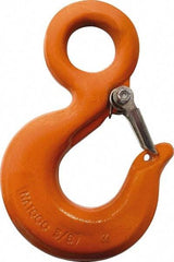 CM - Chain Grade 100, 8,800 Lbs. Load Limit Eye Rigging Hook with Latch - 1.19 Inch Hook Throat, 4.67 Inch Reach, 1-1/4 Inch Eye Inside Diameter, 3/8 Inch Chain Diameter, 6.55 Inch Overall Length, 0.63 Inch Eye Thickness - Caliber Tooling