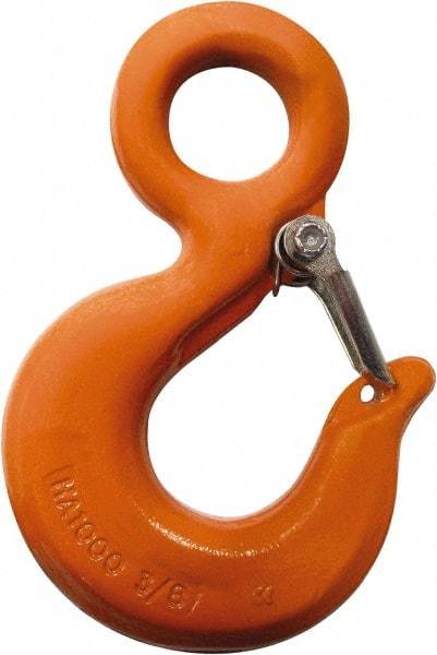 CM - Chain Grade 100, 2,700 Lbs. Load Limit Eye Rigging Hook with Latch - 0.93 Inch Hook Throat, 3.13 Inch Reach, 3/4 Inch Eye Inside Diameter, 0.21875 Inch Chain Diameter, 4.37 Inch Overall Length, 0.38 Inch Eye Thickness - Caliber Tooling