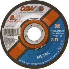 Camel Grinding Wheels - 60 Grit, 4-1/2" Wheel Diam, Type 27 Depressed Center Wheel - Medium Grade, Aluminum Oxide, Resinoid Bond, T Hardness, 13,300 Max RPM - Caliber Tooling