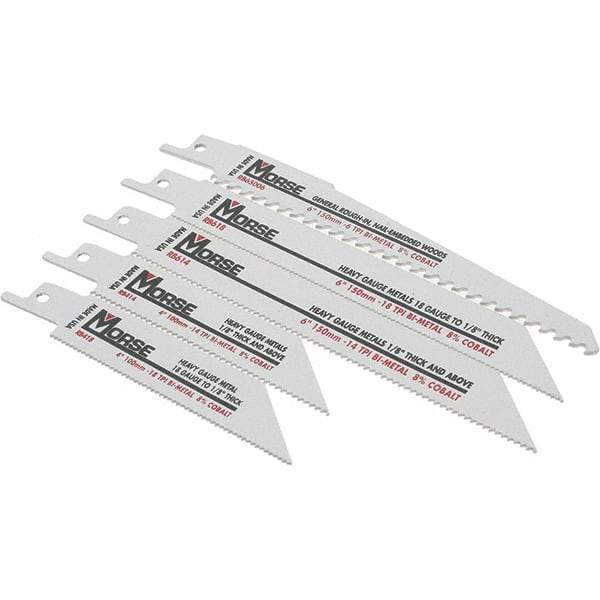 M.K. MORSE - 5 Pieces, 4" to 6" Long x 0.035" to 0.05" Thickness, Bi-Metal Reciprocating Saw Blade Set - Tapered Profile, 10 to 18 Teeth, Toothed Edge - Caliber Tooling