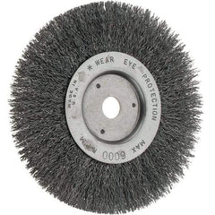 Weiler - 6" OD, 5/8" Arbor Hole, Crimped Steel Wheel Brush - 3/4" Face Width, 1-1/8" Trim Length, 0.014" Filament Diam, 6,000 RPM - Caliber Tooling