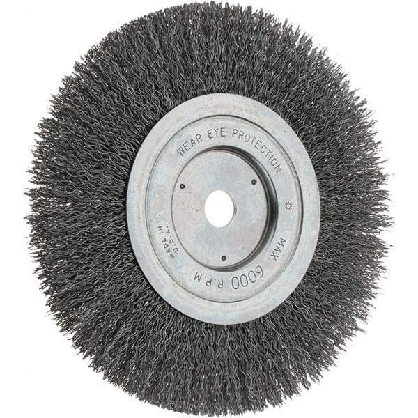 Weiler - 7" OD, 5/8" Arbor Hole, Crimped Steel Wheel Brush - 1" Face Width, 2" Trim Length, 0.014" Filament Diam, 6,000 RPM - Caliber Tooling