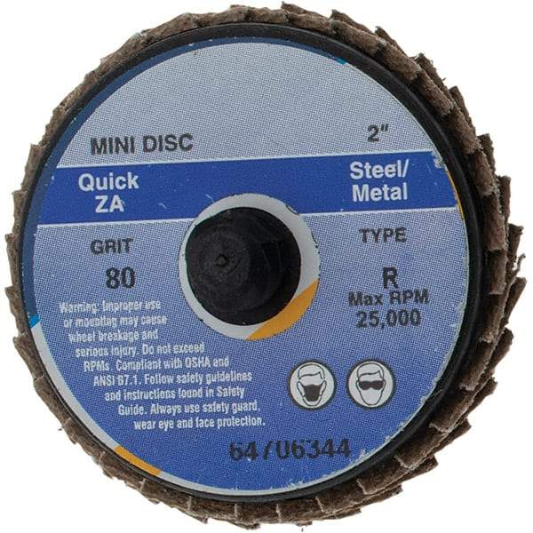 Value Collection - 80 Grit, 2" Disc Diam, Type 27 Zirconia Alumina Flap Disc - Quick Change Type R Attaching System, Coated - Caliber Tooling