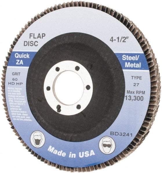 Made in USA - 60 Grit, 4-1/2" Disc Diam, 7/8" Center Hole, Type 27 Zirconia Alumina Flap Disc - Arbor Attaching System, Coated - Caliber Tooling