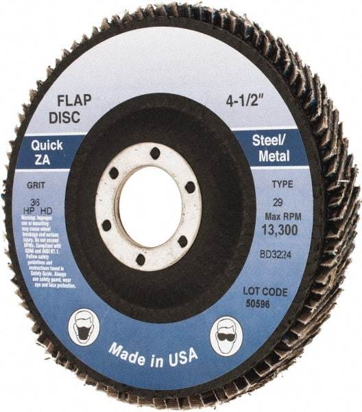 Made in USA - 36 Grit, 4-1/2" Disc Diam, 7/8" Center Hole, Type 29 Zirconia Alumina Flap Disc - Arbor Attaching System, Coated - Caliber Tooling