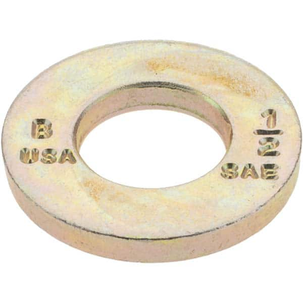 1/2″ Screw SAE Flat Washer: Carbon Steel, Zinc-Plated Yellow Chromate 17/32″ ID, 1.062″ OD, 3/32″ Thick