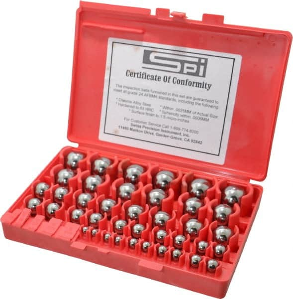 SPI - 1 to 25mm Diameter, Chrome Steel, Gage Ball Set - 0.0001 Inch Tolerance, Grade 24 Accuracy, 25 Pairs - Caliber Tooling