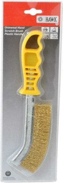 Made in USA - 1" Trim Length Brass Scratch Brass Brush - 5-1/2" Brush Length, 10" OAL, 1" Trim Length, Plastic Ergonomic Handle - Caliber Tooling