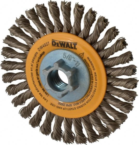 DeWALT - 4" OD, 5/8-11 Arbor Hole, Knotted Stainless Steel Wheel Brush - 0.02" Filament Diam, 20,000 RPM - Caliber Tooling