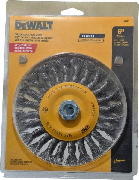 DeWALT - 6" OD, 5/8" Arbor Hole, Knotted Steel Wheel Brush - 0.025" Filament Diam, 12,500 RPM - Caliber Tooling