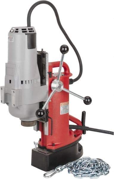 Milwaukee Tool - 1-1/4" Chuck, 11" Travel, Portable Electromagnetic Drill Press - 250 & 500 RPM, 12.5 Amps, 120 Volts, 9' Cord Length - Caliber Tooling