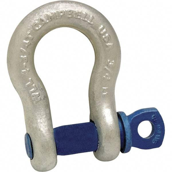 Campbell - 5/16" Nominal Chain Size, 0.75 Ton Carbon Steel Screw Anchor Shackle - 3/8" Pin Diam, 17/32" Wide Inside Jaw, 27/32" Inside Width, 3/4" Max Body Thickness - Caliber Tooling