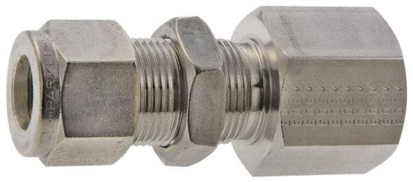 Parker - 1/2" OD, Stainless Steel Bulkhead Female Connector - -425 to 1,200°F, 15/16" Hex, Comp x FNPT Ends - Caliber Tooling