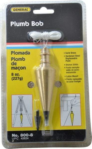 General - 4-1/2 Inch Long, 1-3/16 Inch Diameter Brass Plumb Bob - 8 Ounce, Has Replacable Tip - Caliber Tooling