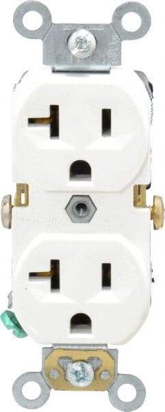 Leviton - 125 VAC, 20 Amp, 5-20R NEMA Configuration, White, Specification Grade, Self Grounding Duplex Receptacle - 1 Phase, 2 Poles, 3 Wire, Flush Mount, Tamper Resistant - Caliber Tooling