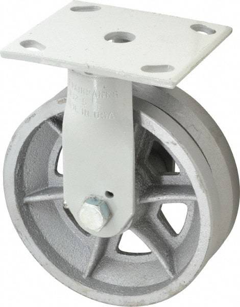 Fairbanks - 6" Diam x 2" Wide, V Groove Metal Rigid Caster - 1,200 Lb Capacity, Top Plate Mount, 4" x 4-1/2" Plate, Roller Bearing - Caliber Tooling