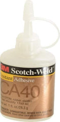 3M - 1 oz Bottle Yellow Instant Adhesive - Series CA40, 3 to 20 sec Fixture Time, 24 hr Full Cure Time, Bonds to Cardboard, Cork Board, Fabric, Fiberglass, Foam, Metal, Plastic, Rubber & Vinyl - Caliber Tooling